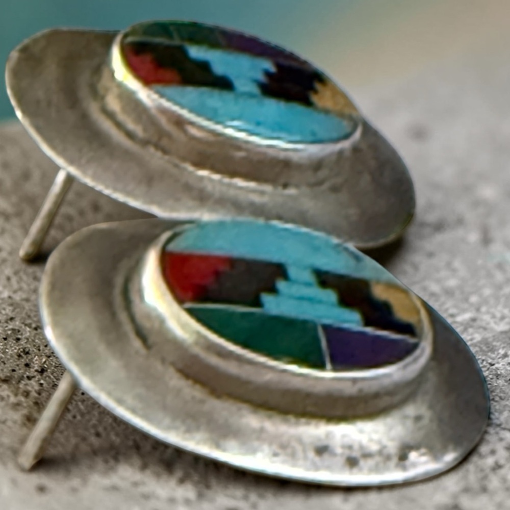 Vintage Southwestern Mosaic Inlay Earrings Turquoise Coral Jet Zuni Style Studs